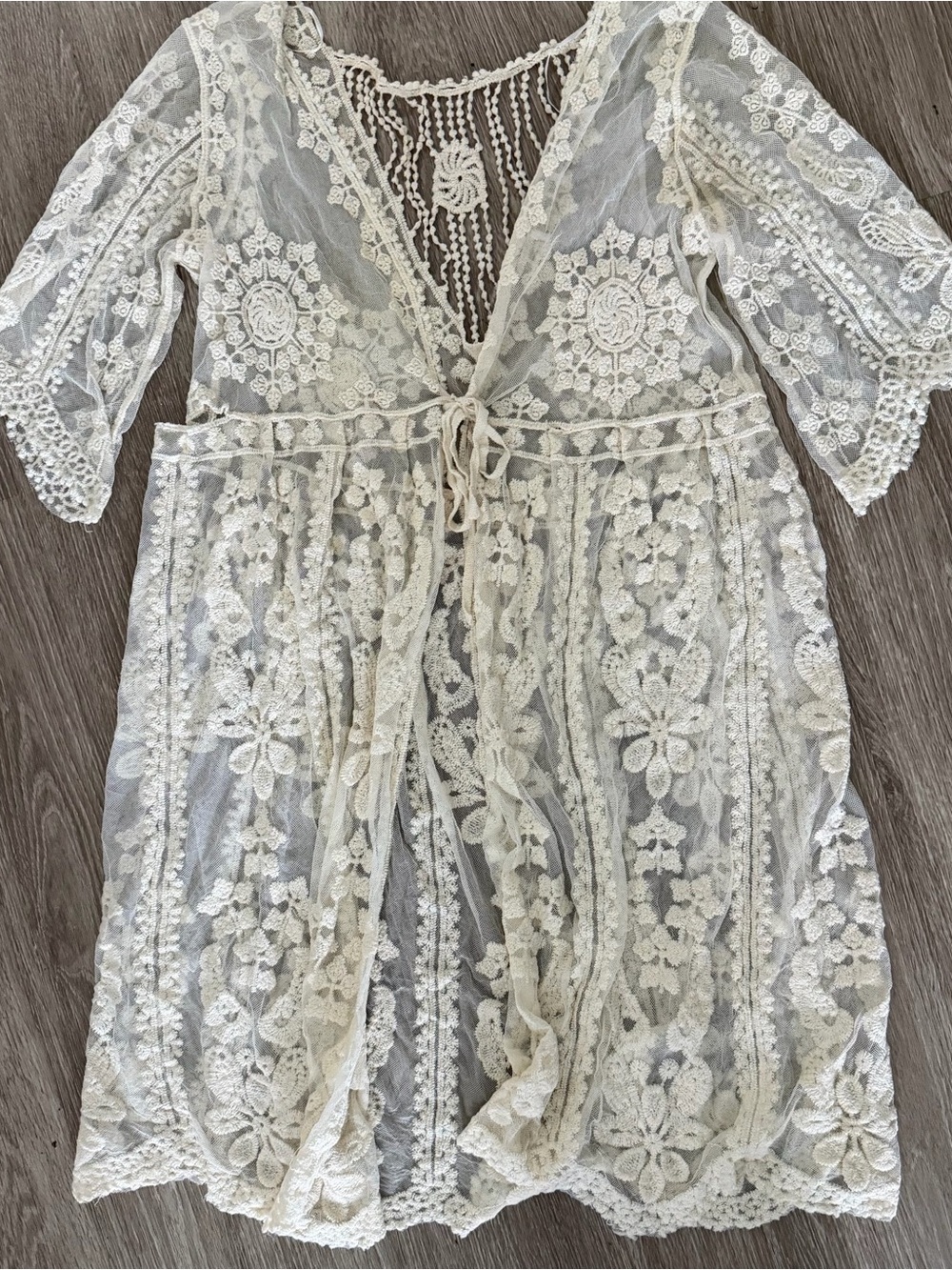 Embroidered mesh duster cover up ivory sz M